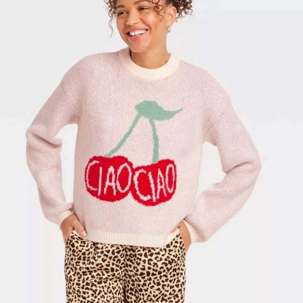 A‎ New Day Ciao Ciao Cherry Graphic Sweater 018 14 1005 Womens M Pink Knit NWT